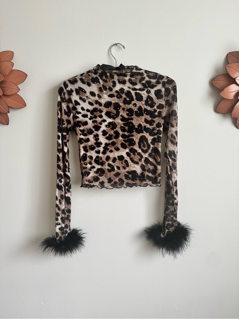 Sheer Leopard Print Rhinestone Mesh Top with Feather Cuffs | Y2K Glam